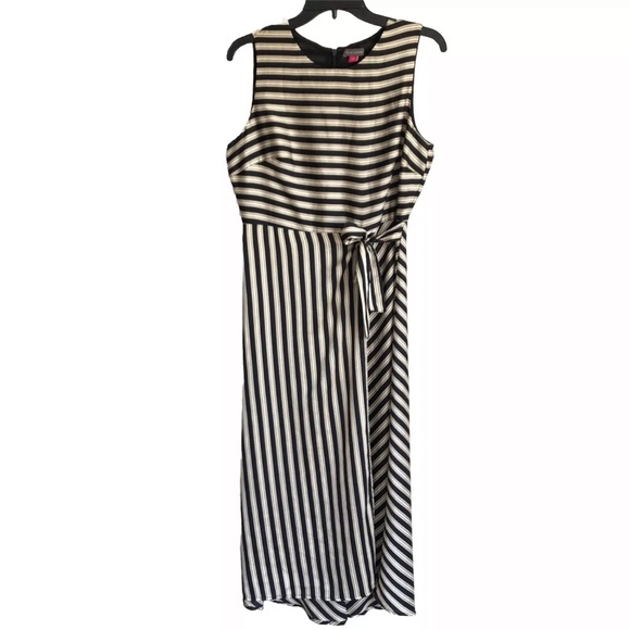 Vince Camuto Faux Wrap Dress Satin Striped Sleeveless Midi Flowy - Picture 11 of 15